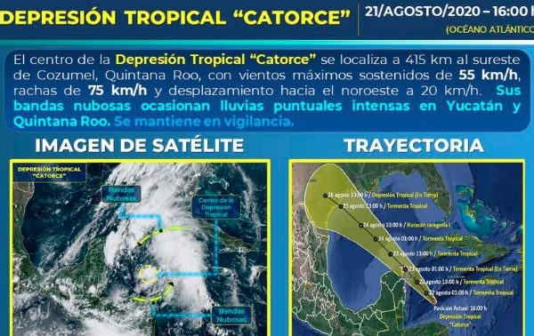 Cambia trayectoria de la depresión tropical 14 y se enfila hacia Cancún