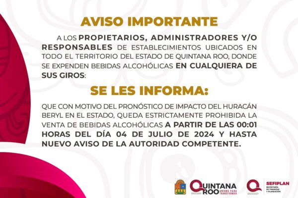 A partir de este jueves queda prohibida la venta de bebidas alcohólicas en todo Quintana Roo: SEFIPLAN