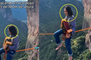 Joven se vuelve viral al tocar el acordeón a 100 metros de altura, sentado sobre una cuerda