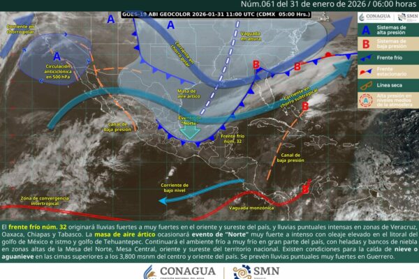 Frente frío 32 azota el sureste: lluvias intensas y “Norte” violento este 31 de enero