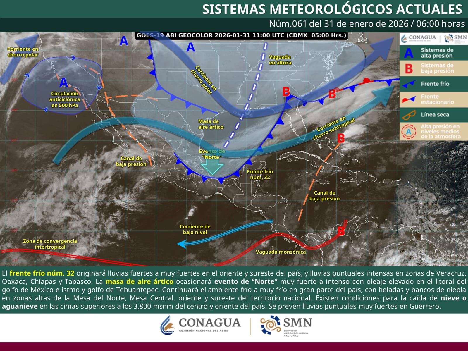 Frente frío 32 azota el sureste: lluvias intensas y “Norte” violento este 31 de enero