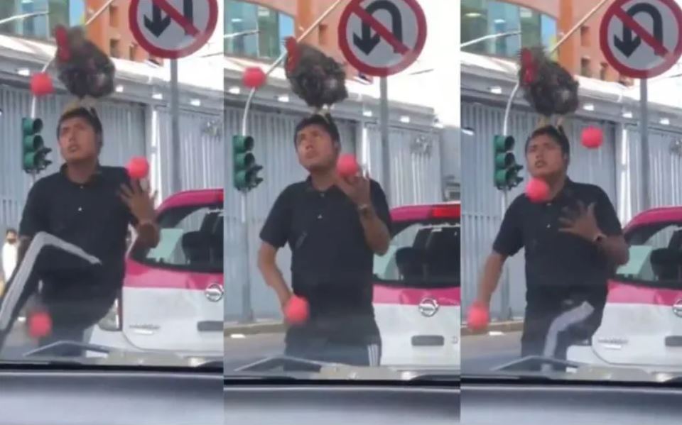 Malabarista sorprenden con un gallo en la cabeza y se hace viral
